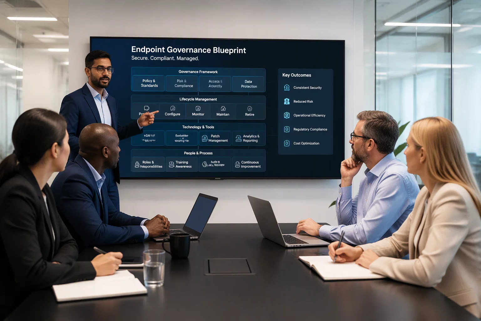 IT governance and fleet coordination team collaborating in modern office