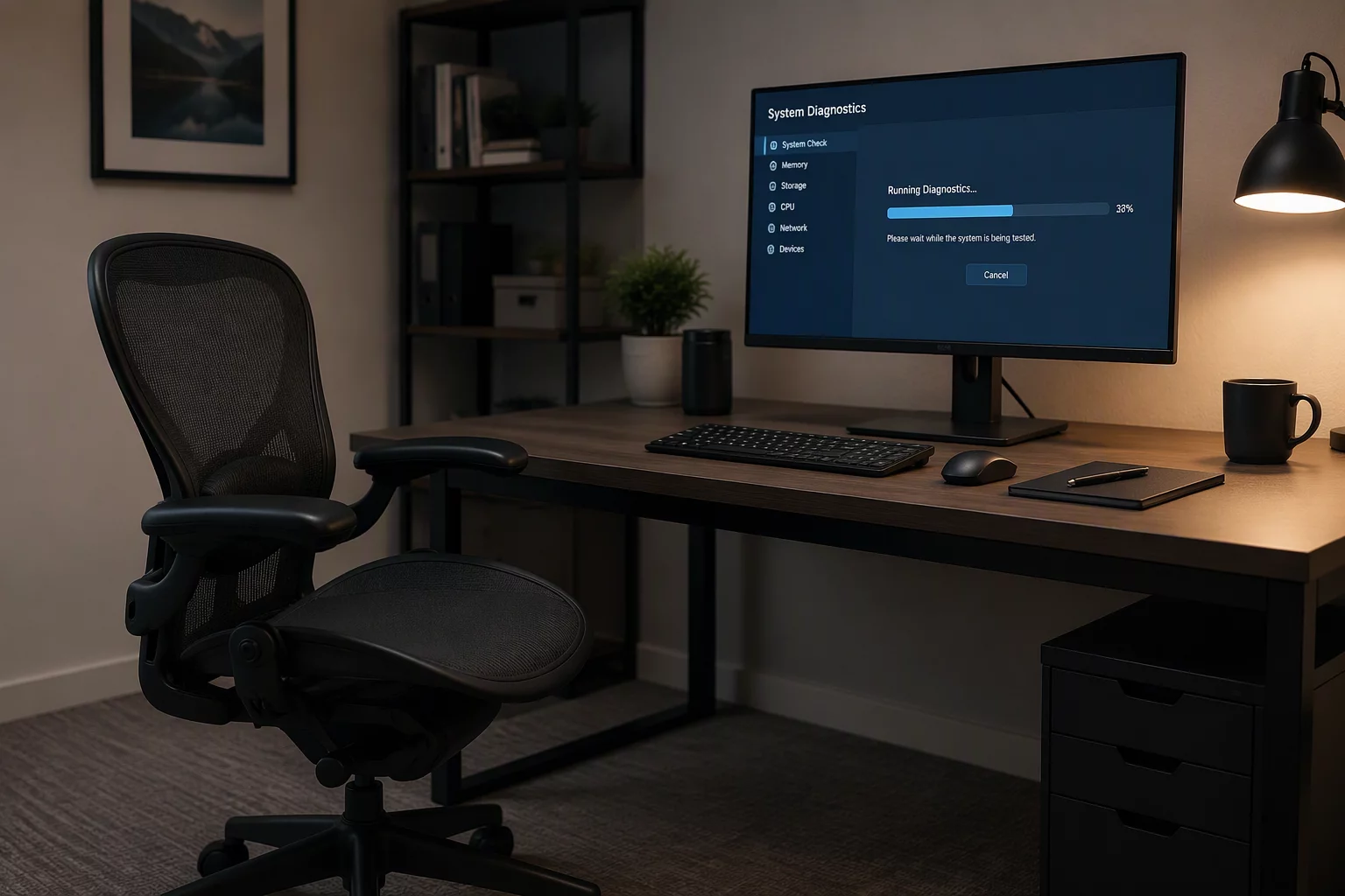 Empty desk with an active remote support session on monitor